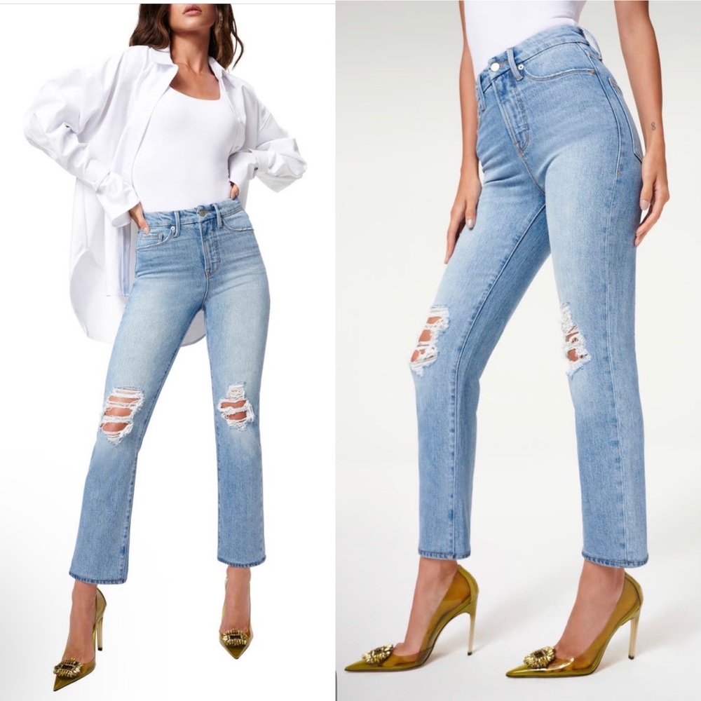 Good American Good Boy Destroyed HighWaist Jeans Light Blue Stretch Size 27 NWT
